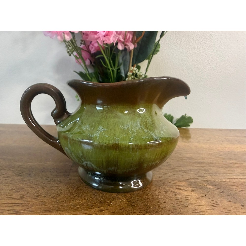 Vintage Canadian Green Drip Glaze Pottery Creamer Pitcher‎ Retro Decor MCM